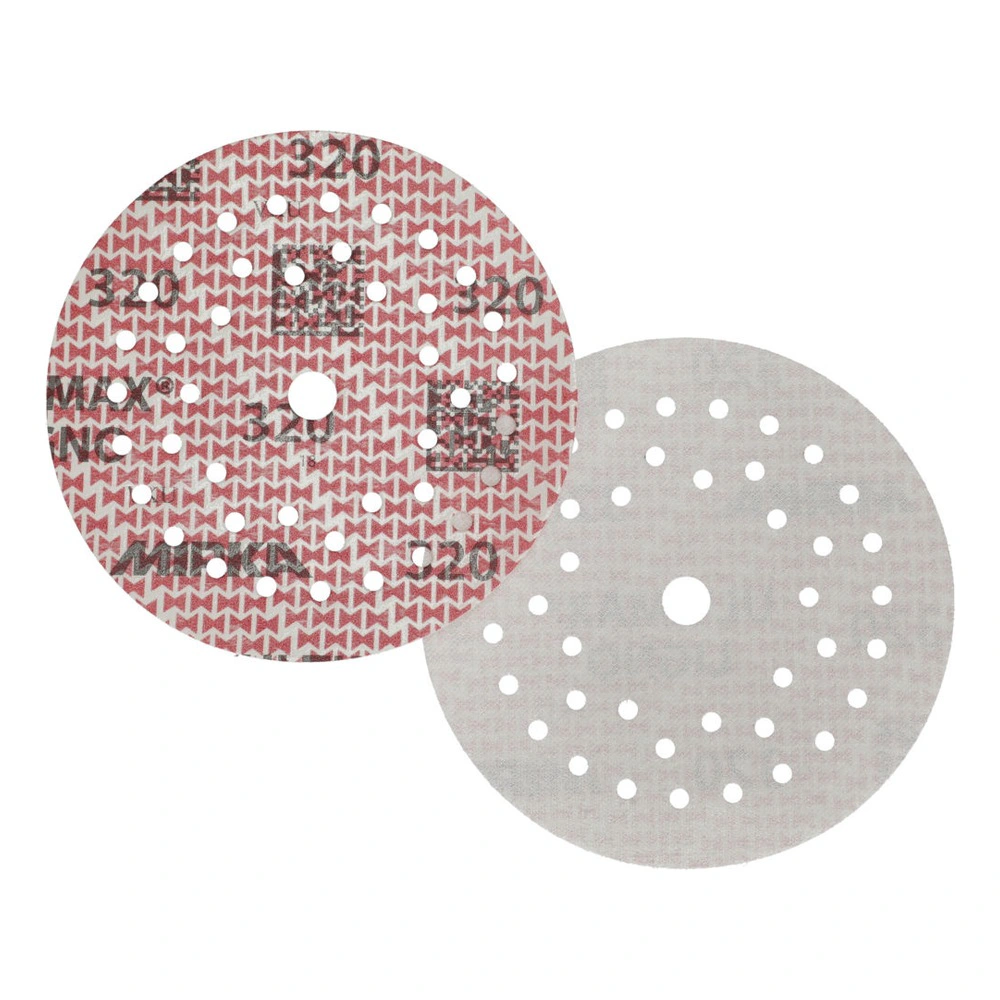 Two overlapping perforated sanding discs, front view