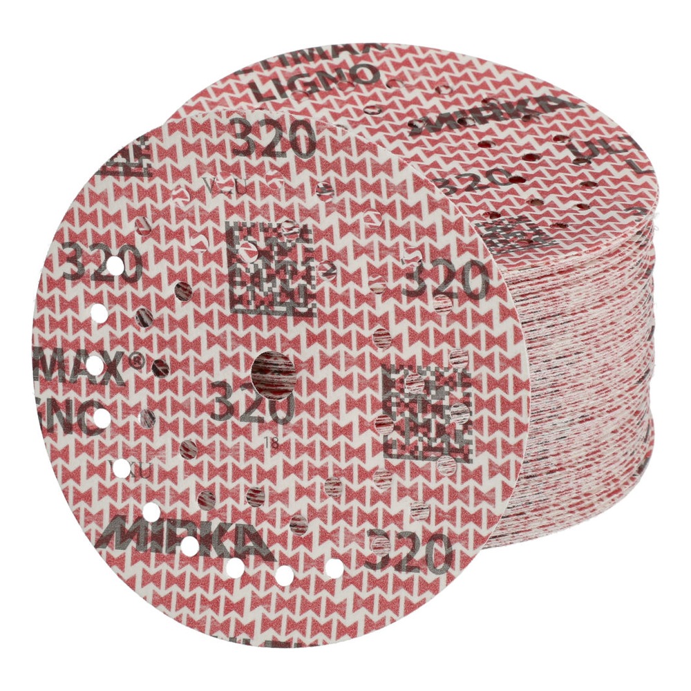Stack of red-and-white sanding discs, front view