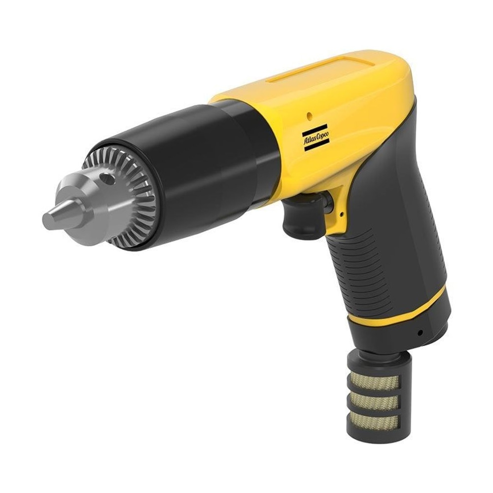 Black-yellow pistol drill, front view of chuck
