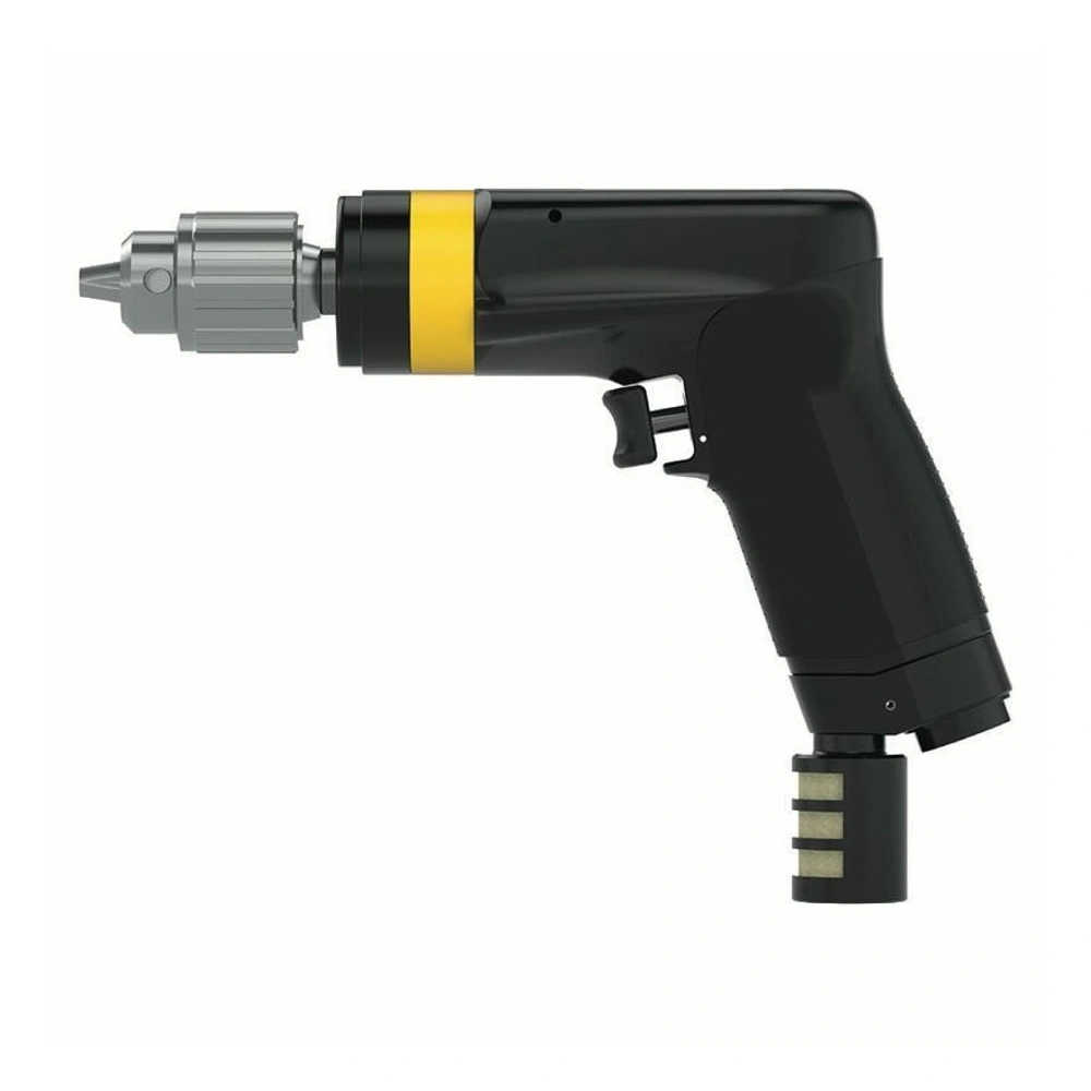 Black pistol drill, side view with chuck