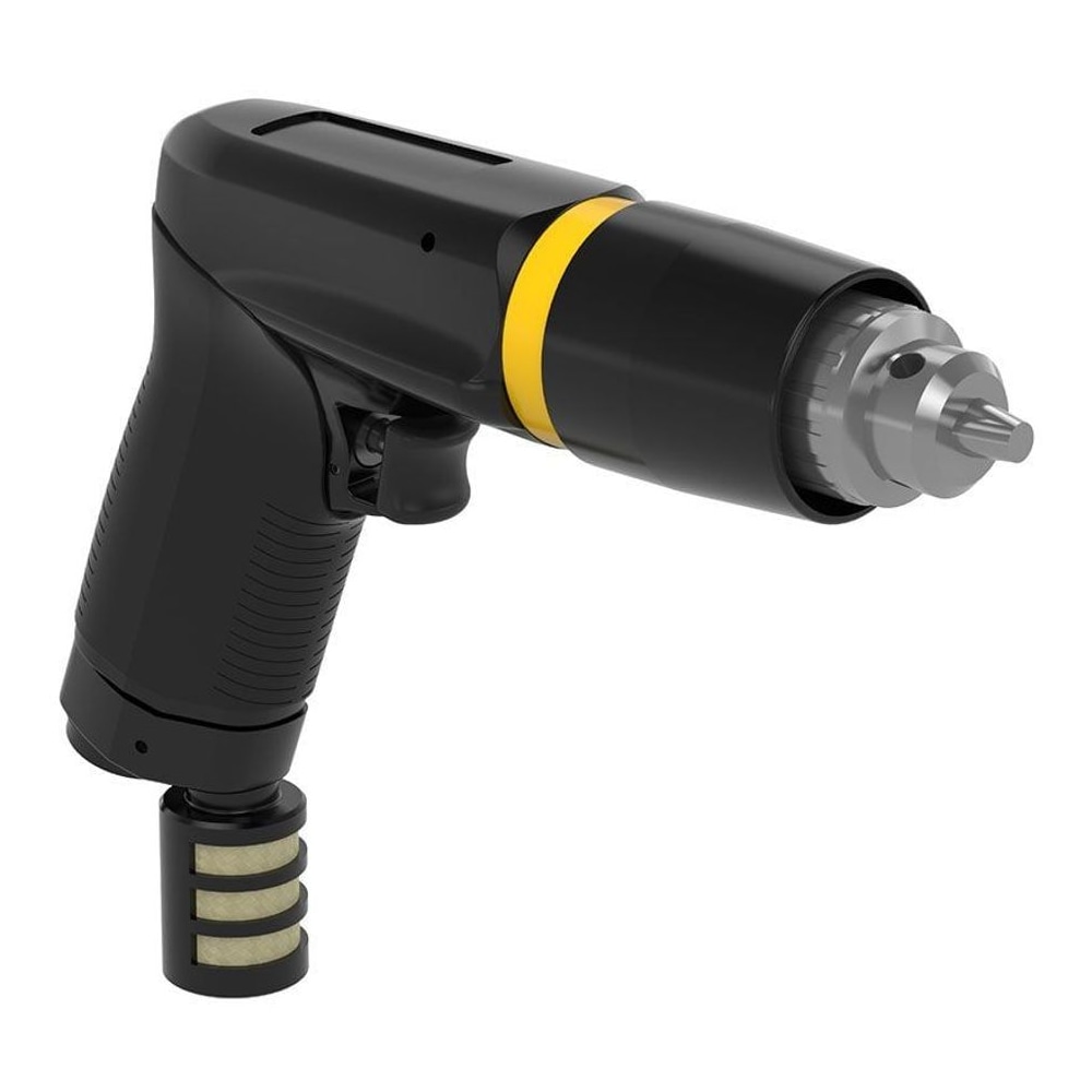 Black-yellow pistol drill, angled front view of chuck