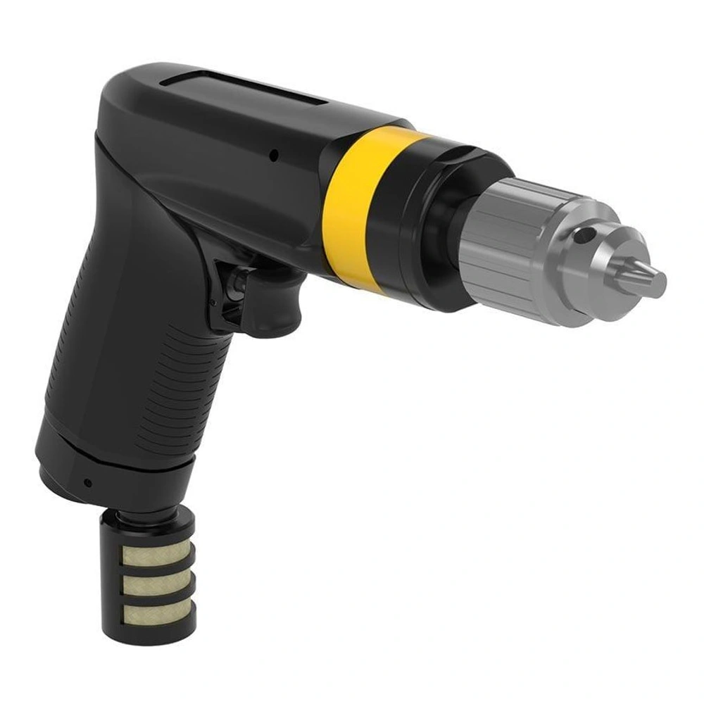 Black-yellow pistol drill, front angled view of chuck
