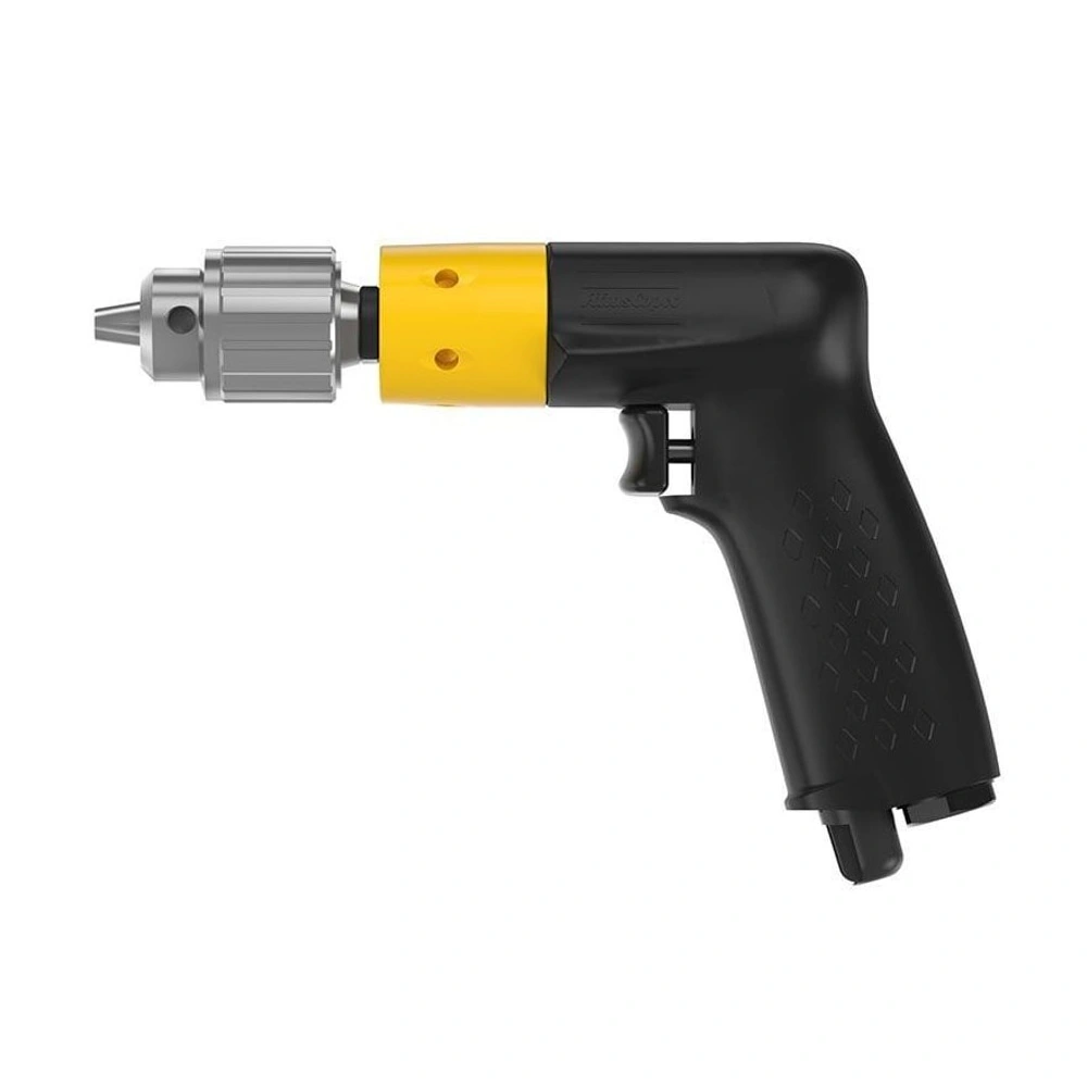 Black-yellow pistol drill, side view with chuck