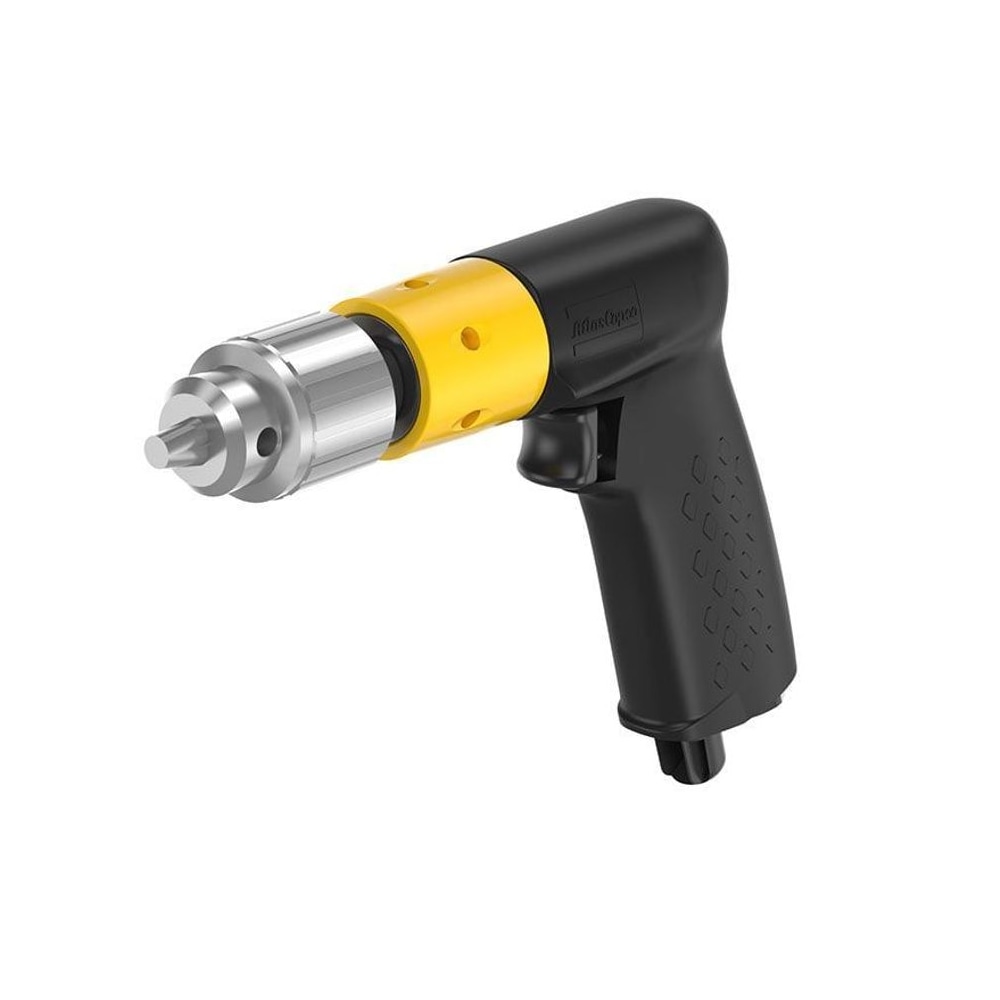 Black-yellow pistol-grip pneumatic drill, angled view
