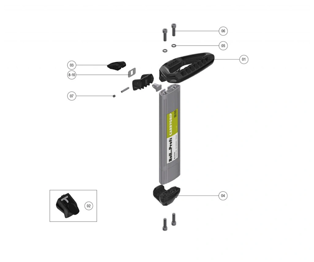 שרטוט מפורק של ידית וחלקים - Exploded diagram of a handle and parts