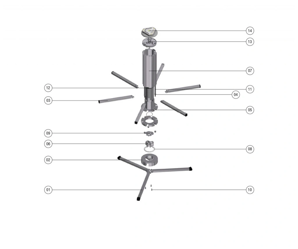 תרשים מפורק של מתקן עם חלקים ממוספרים - Exploded diagram of a stand with numbered parts