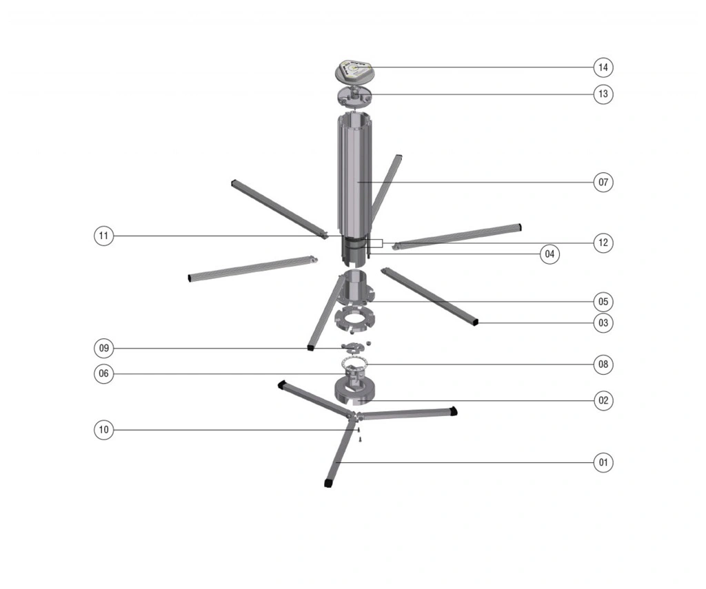 תרשים מפורק של מתקן גדול עם חלקים ממוספרים - Exploded diagram of a larger stand with numbered parts
