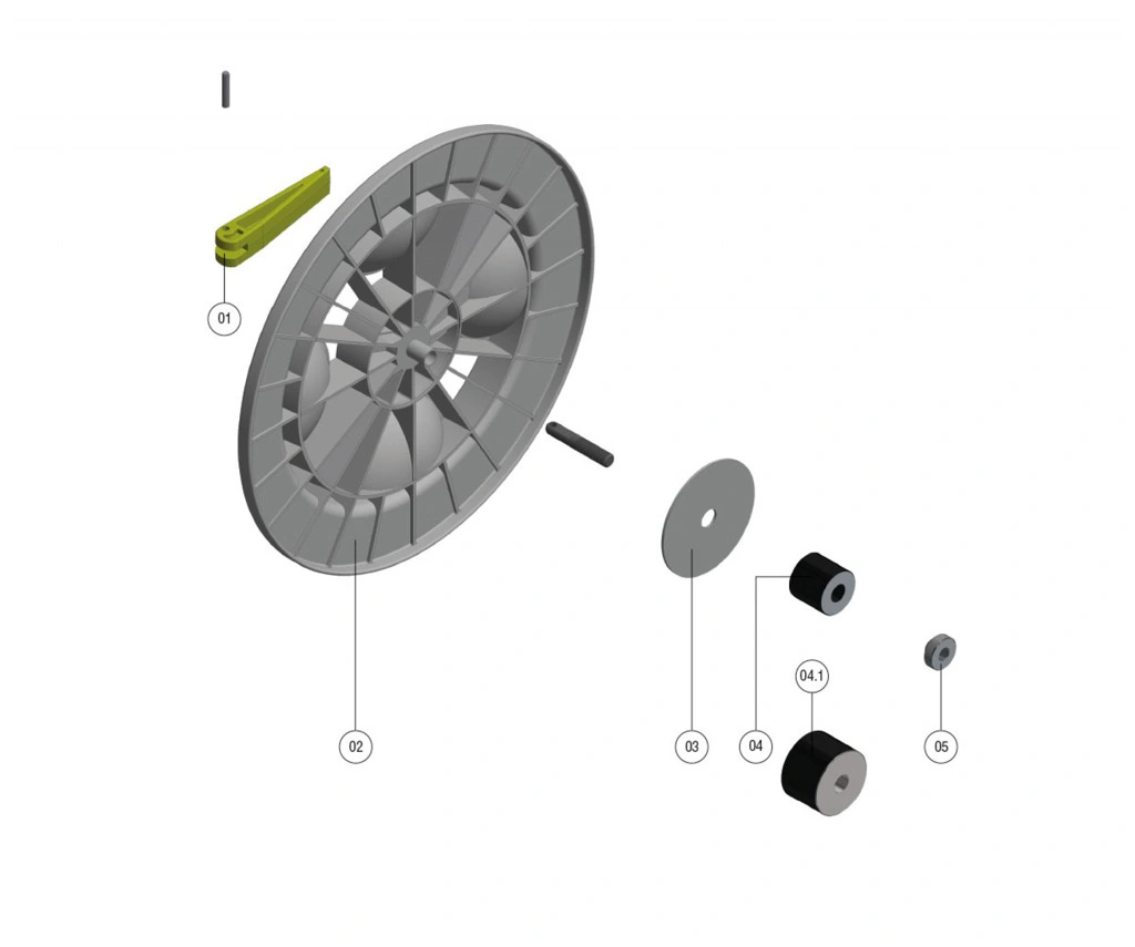 איור מפורק של גלגל וכמה חלקים - Exploded diagram of a wheel and parts