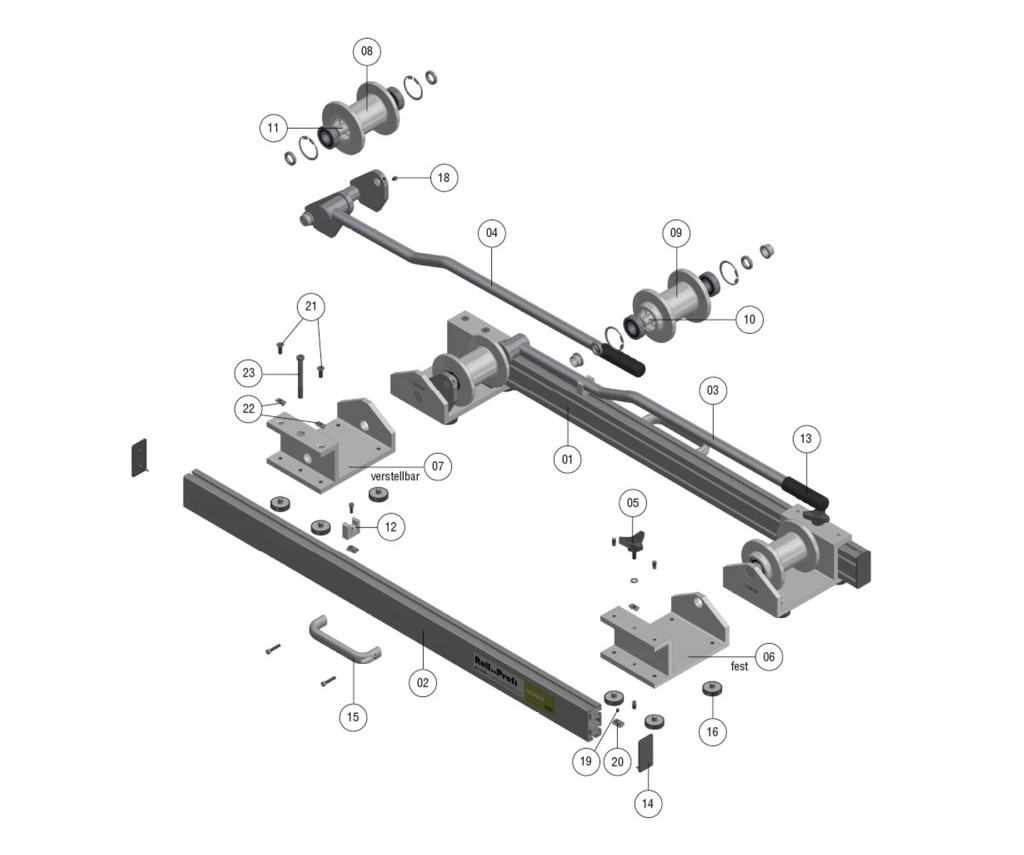 שרטוט מפורק של מתקן גלילה ותושבות - Exploded drawing of roller frame and mounts