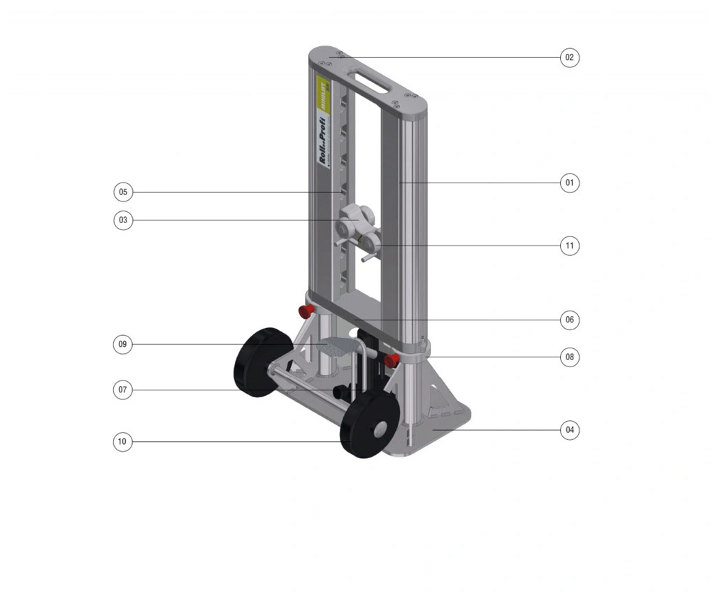 איור טכני של מתקן הרמה, מסומן במספרי חלקים - Technical drawing of lifting jack, labeled with part numbers