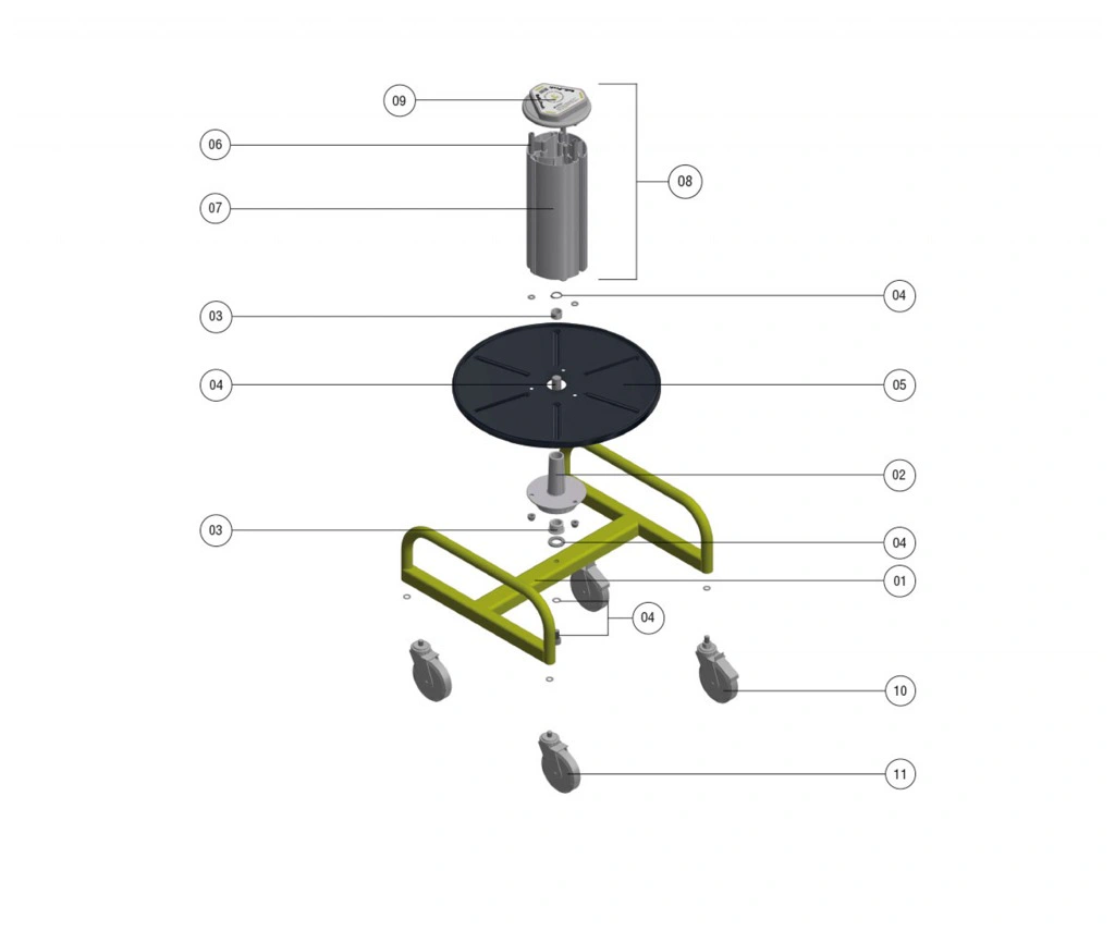 מבט מפורק של מתקן גלילה עם גלגלים - Exploded view of wheeled coil unwinder