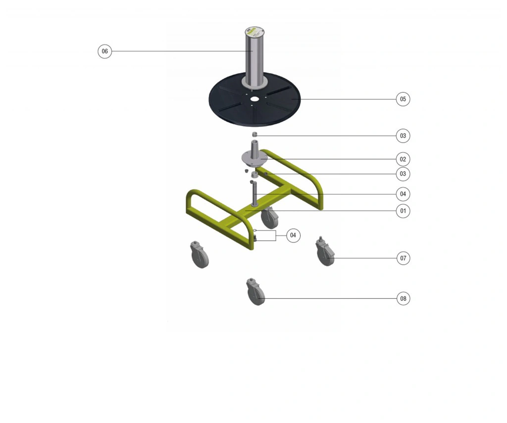 מבט מפורק של מתקן גלילה צר עם גלגלים - Exploded view of slim wheeled unwinder