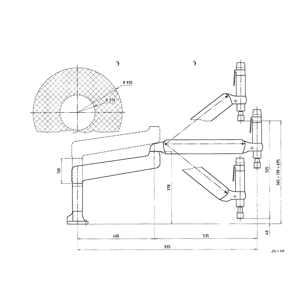 שרטוט מידות של מעטפת העבודה בדגמי Roscamat 200 ו־200 VH - Dimensioned working-area diagram for the Roscamat 200 and 200 VH