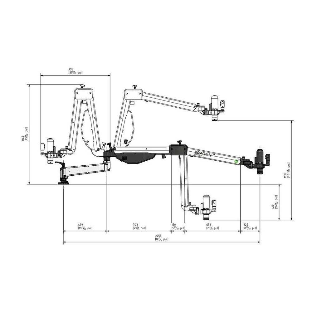 שרטוט מידות של מעטפת העבודה בזרוע Roscamat Dragon - Dimensioned working-area diagram for the Roscamat Dragon