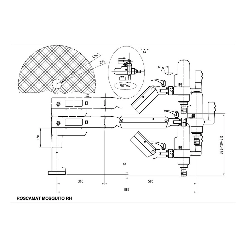 שרטוט מידות של מעטפת העבודה במכונת Roscamat Mosquito VH - Dimensioned working-area diagram for the Roscamat Mosquito VH