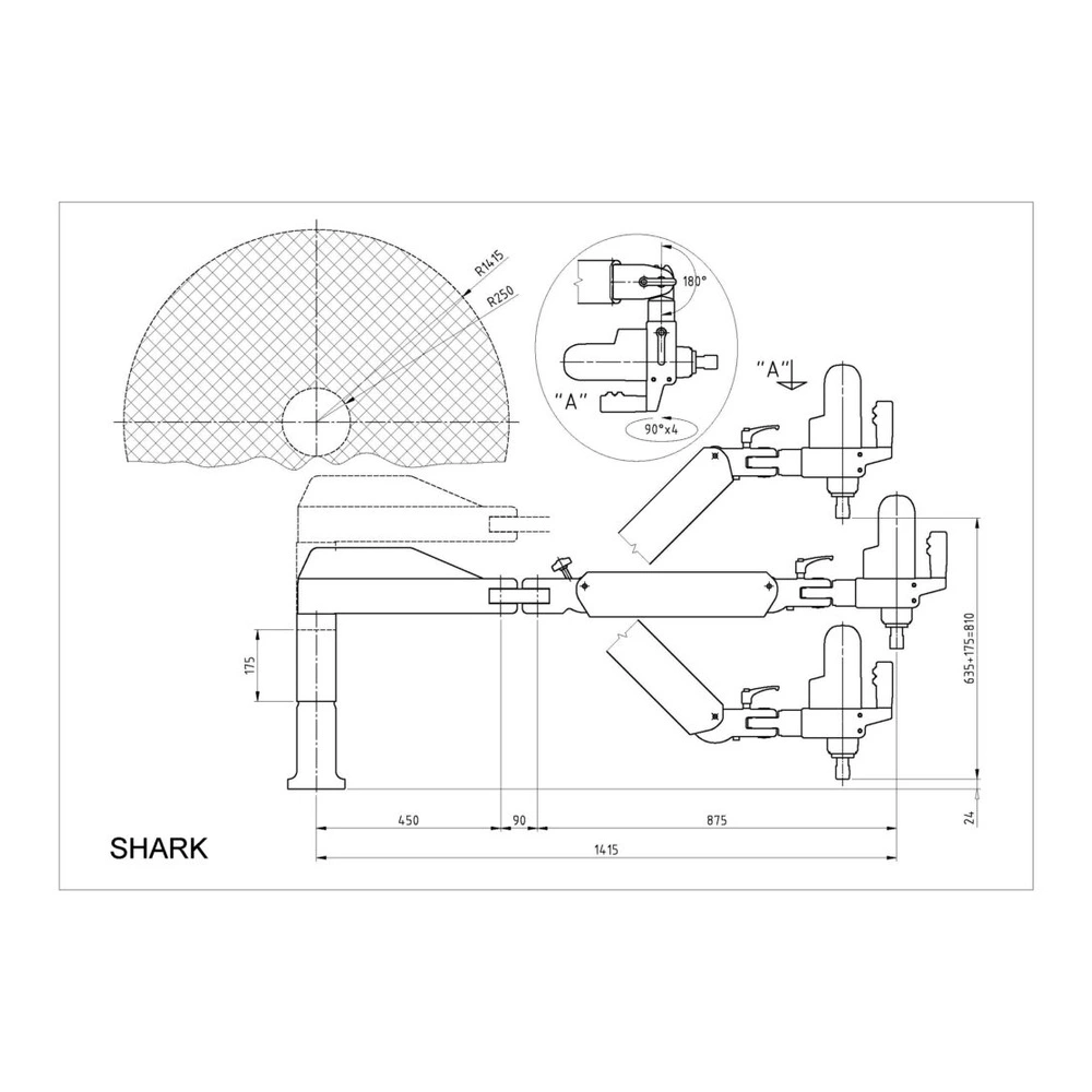 שרטוט מידות של מעטפת העבודה במכונת Roscamat Shark - Dimensioned working-area diagram for the Roscamat Shark
