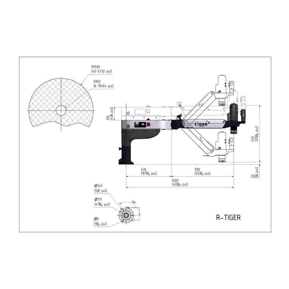 שרטוט מידות של מעטפת העבודה בדגמי Roscamat Tiger ו־Tiger VH - Dimensioned working-area diagram for the Roscamat Tiger and Tiger VH
