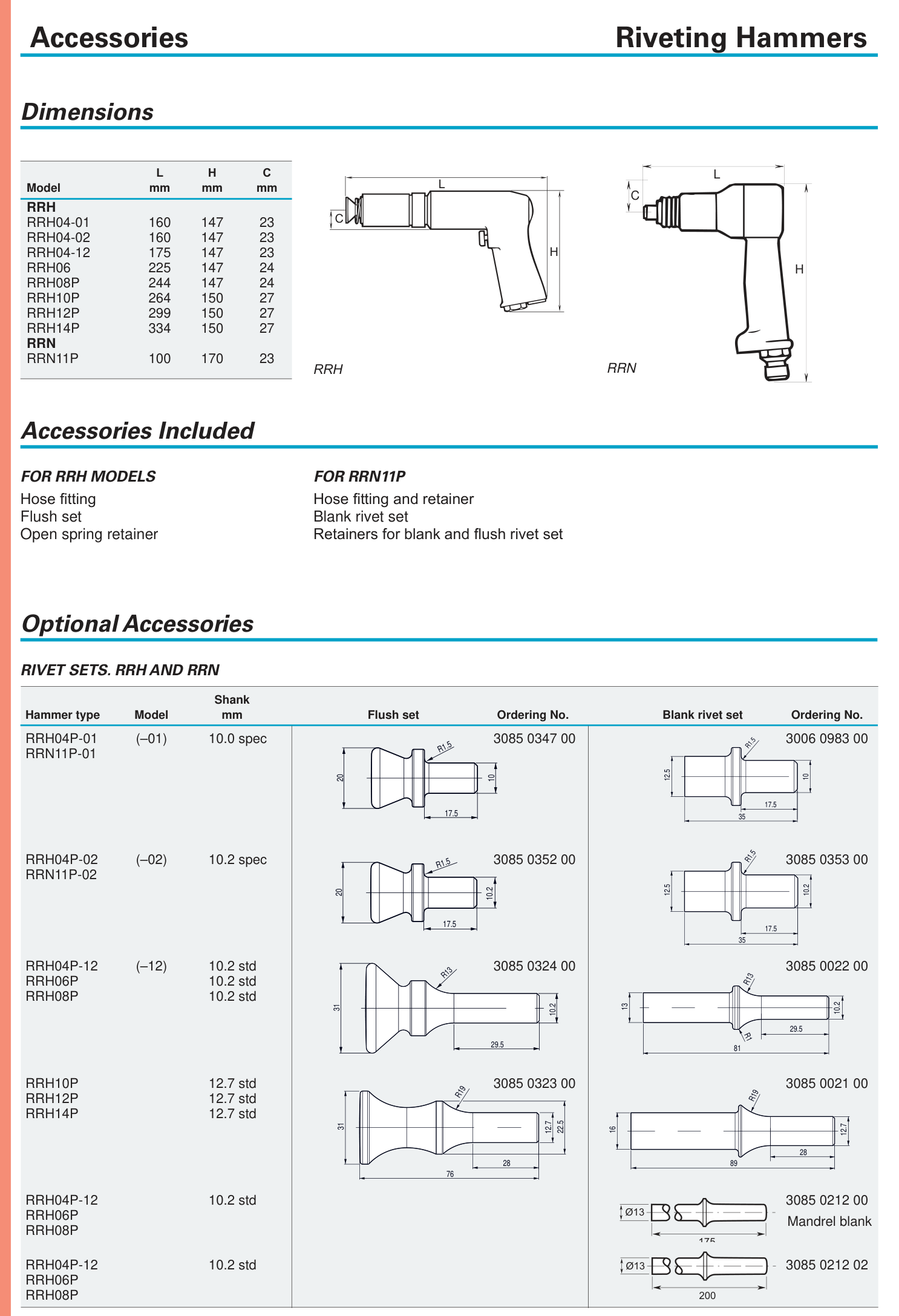 עמוד קטלוג עם מידות ושרטוטי פטישי סמרור - Catalog page with dimensions and riveting hammer drawings
