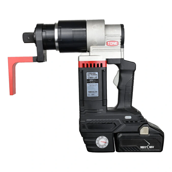 מפתח מומנט נטען שחור-אפור עם זרוע אדומה - Black-gray cordless torque wrench with red reaction arm
