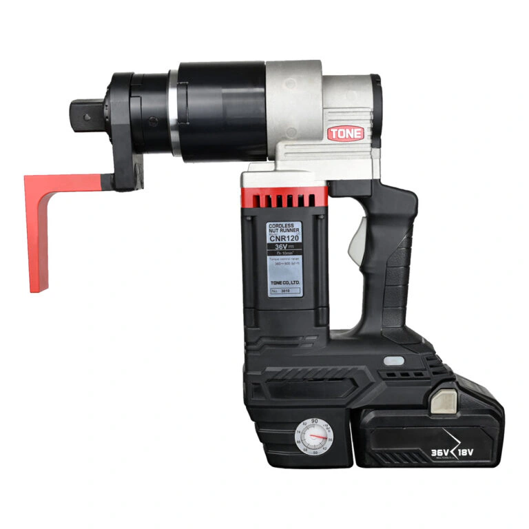 מפתח מומנט נטען שחור-אפור עם זרוע אדומה - Black-gray cordless torque wrench with red reaction arm