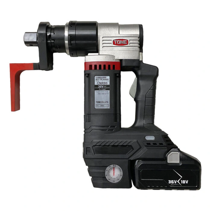 מפתח אומים נטען שחור עם מוט תגובה אדום - Black cordless nut runner with red reaction bar