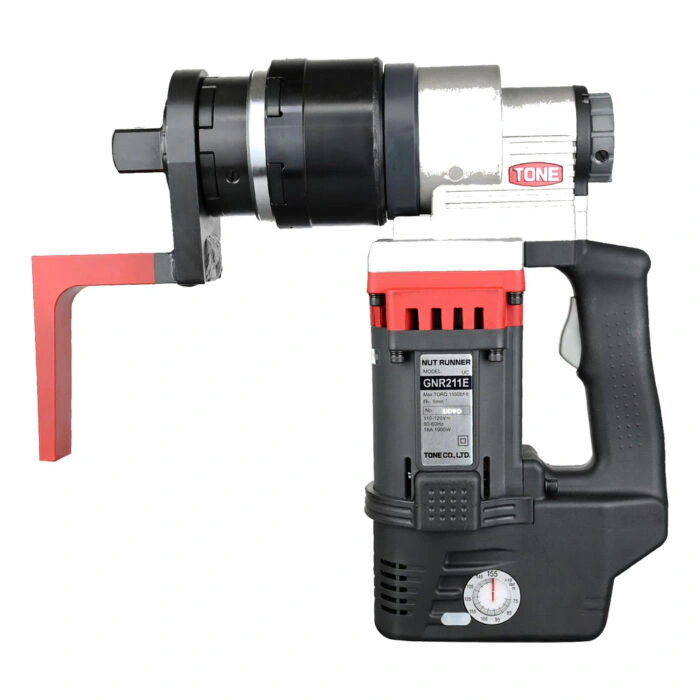 מבט צד על מפתח מומנט חשמלי לבן-שחור - Side view of white-black electric torque wrench