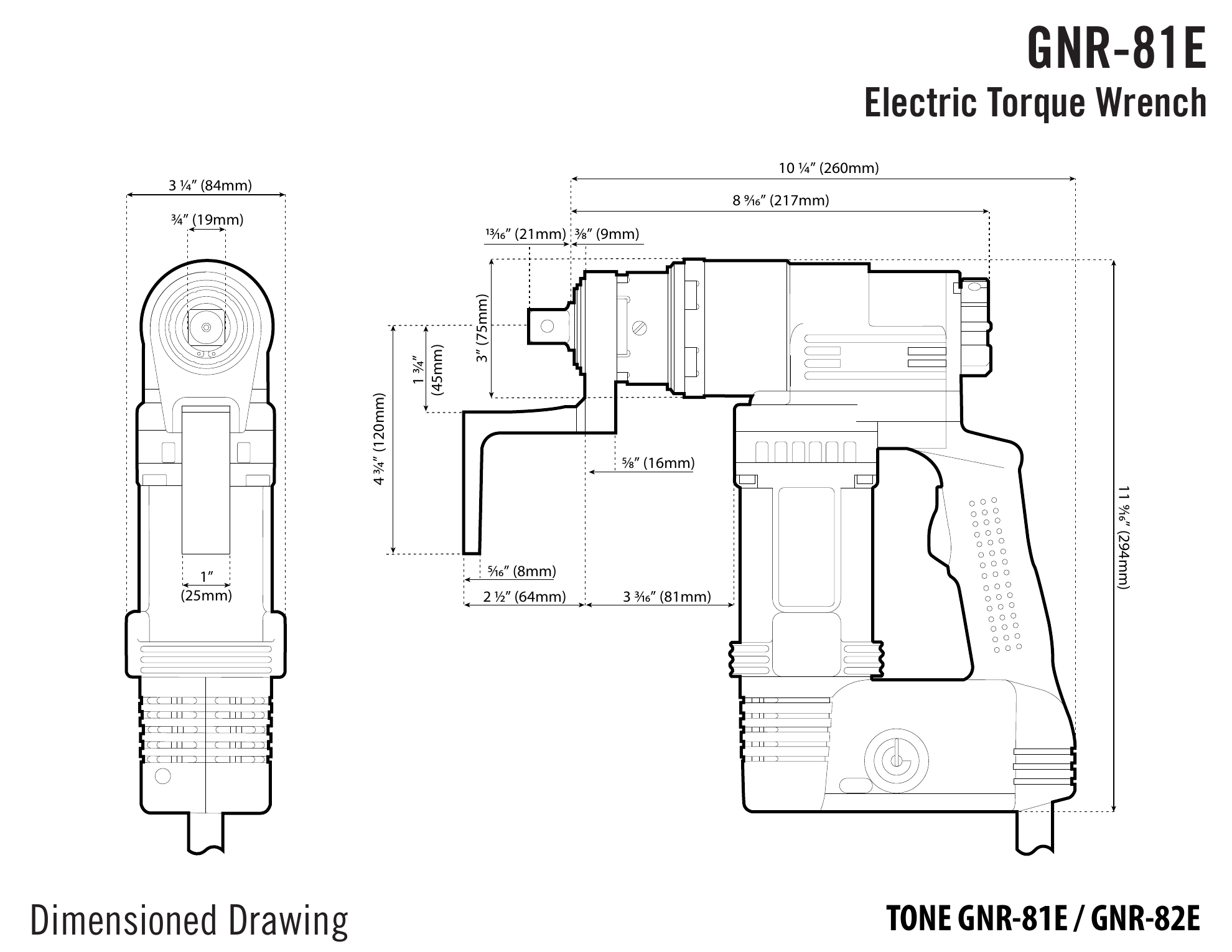 שרטוט ממדים של כלי חשמלי, מבט צד וחזית - Dimensioned drawing of electric tool, side and front views