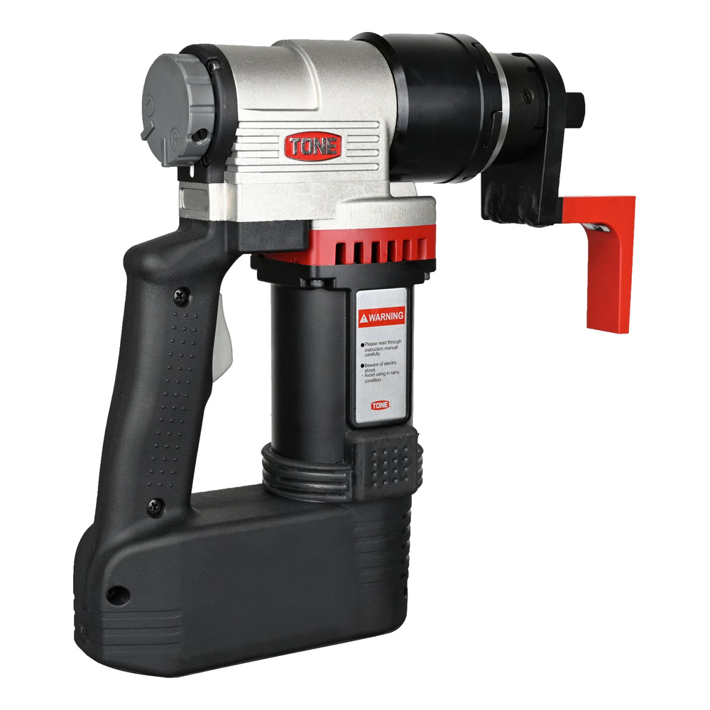 מבט אחורי של מפתח חשמלי עם זרוע אדומה - Rear view of electric wrench with red arm