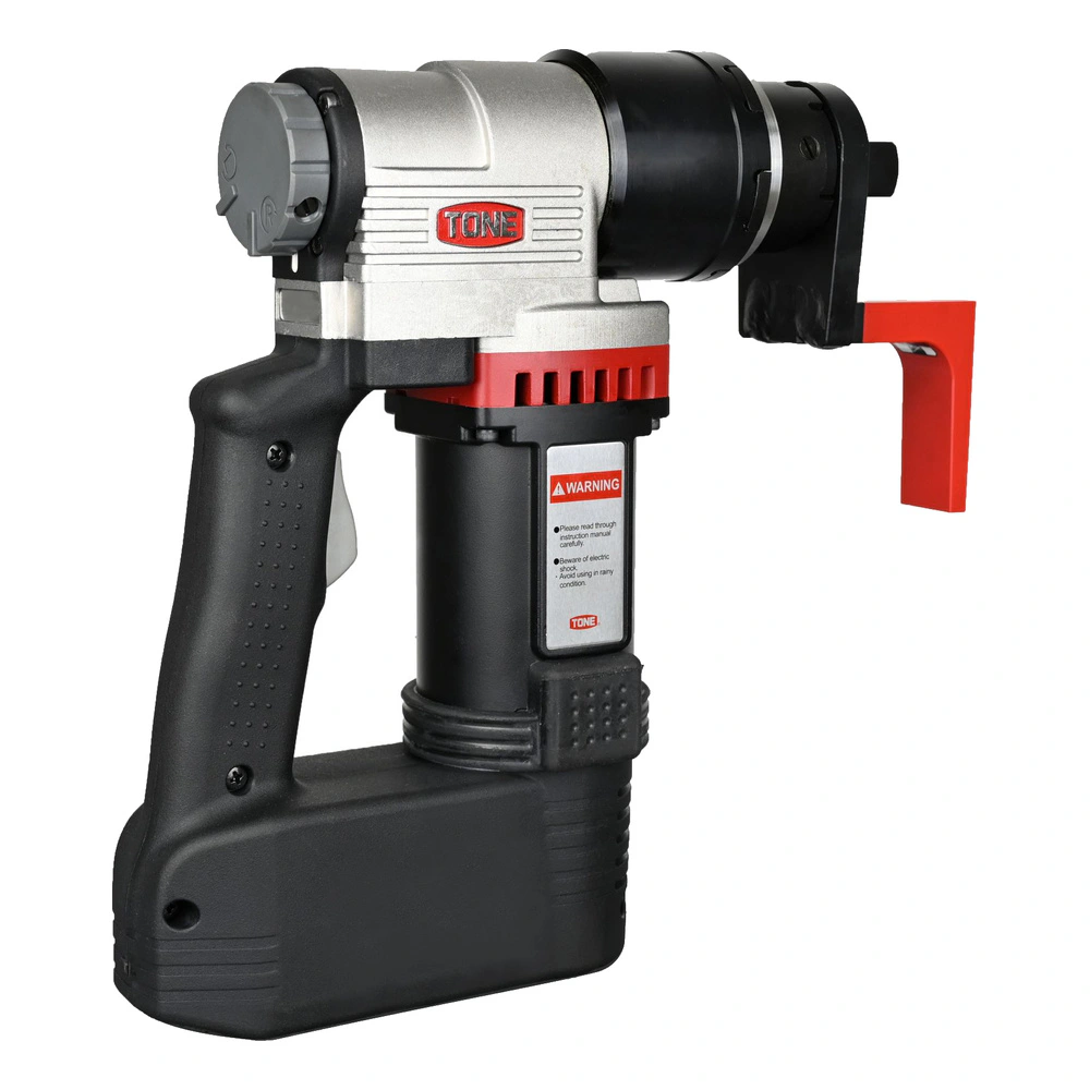 מבט אחורי של מפתח חשמלי עם זרוע אדומה - Rear view of electric wrench with red arm
