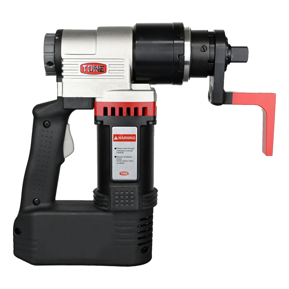 מבט צדדי של מפתח חשמלי עם זרוע אדומה - Side view of electric wrench with red arm