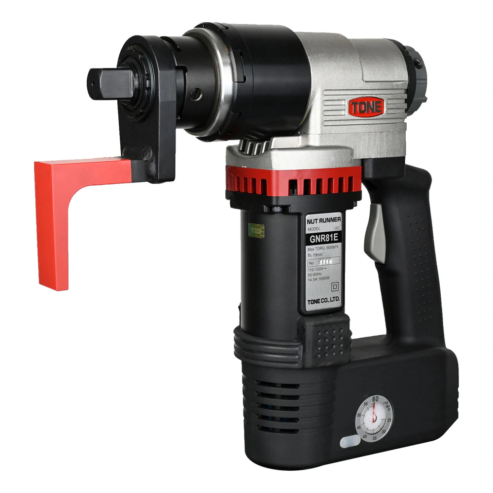 מבט צדדי על מפתח מומנט חשמלי עם ידית - Side view of electric torque wrench with handle