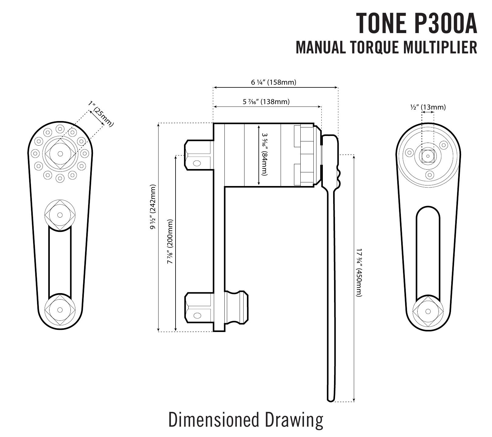 שרטוט ממדים של מכפיל מומנט ידני - Dimensioned drawing of a manual torque multiplier