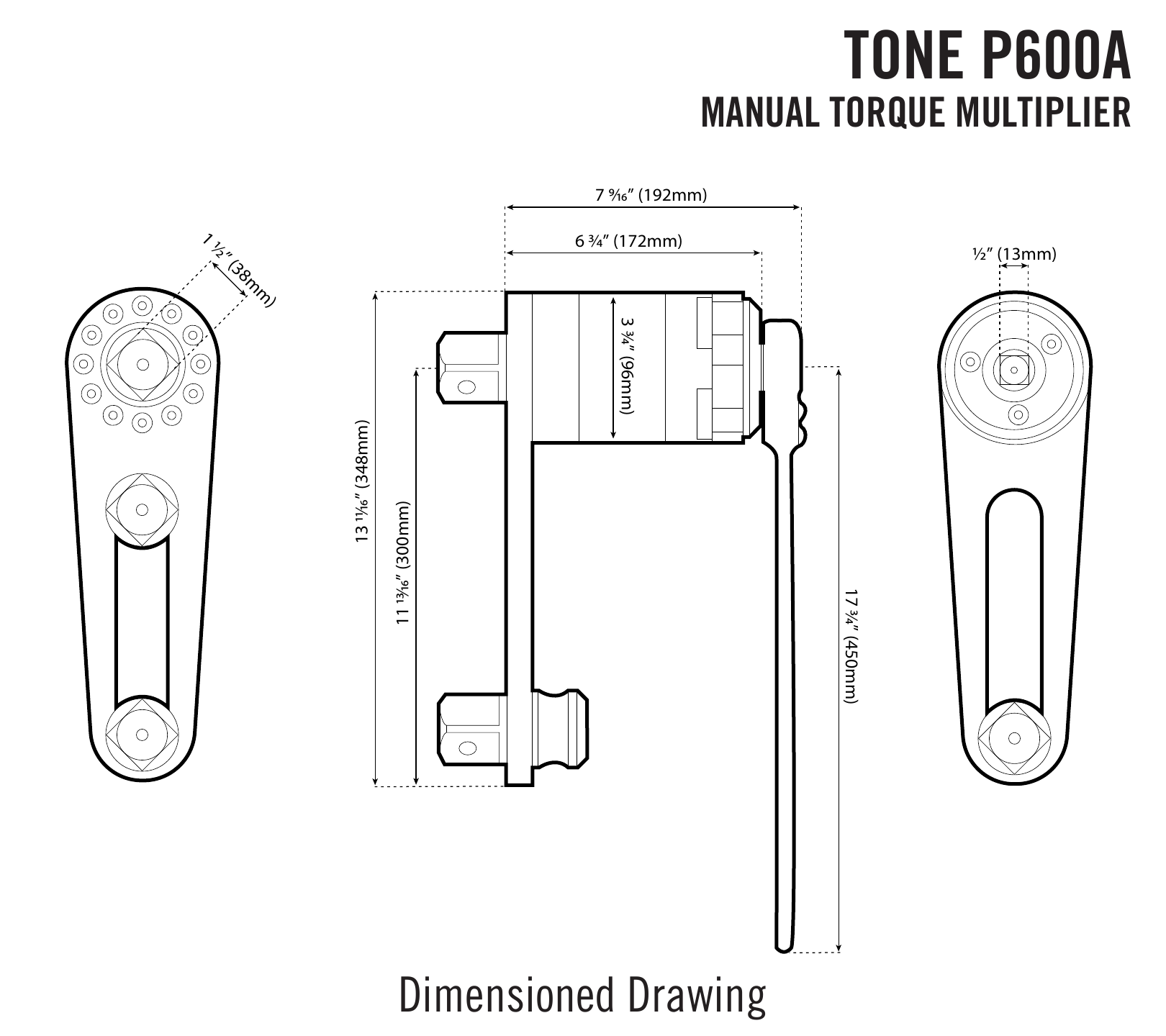שרטוט ממדים של מכפיל מומנט עם מידות - Dimensioned drawing of torque multiplier with measurements