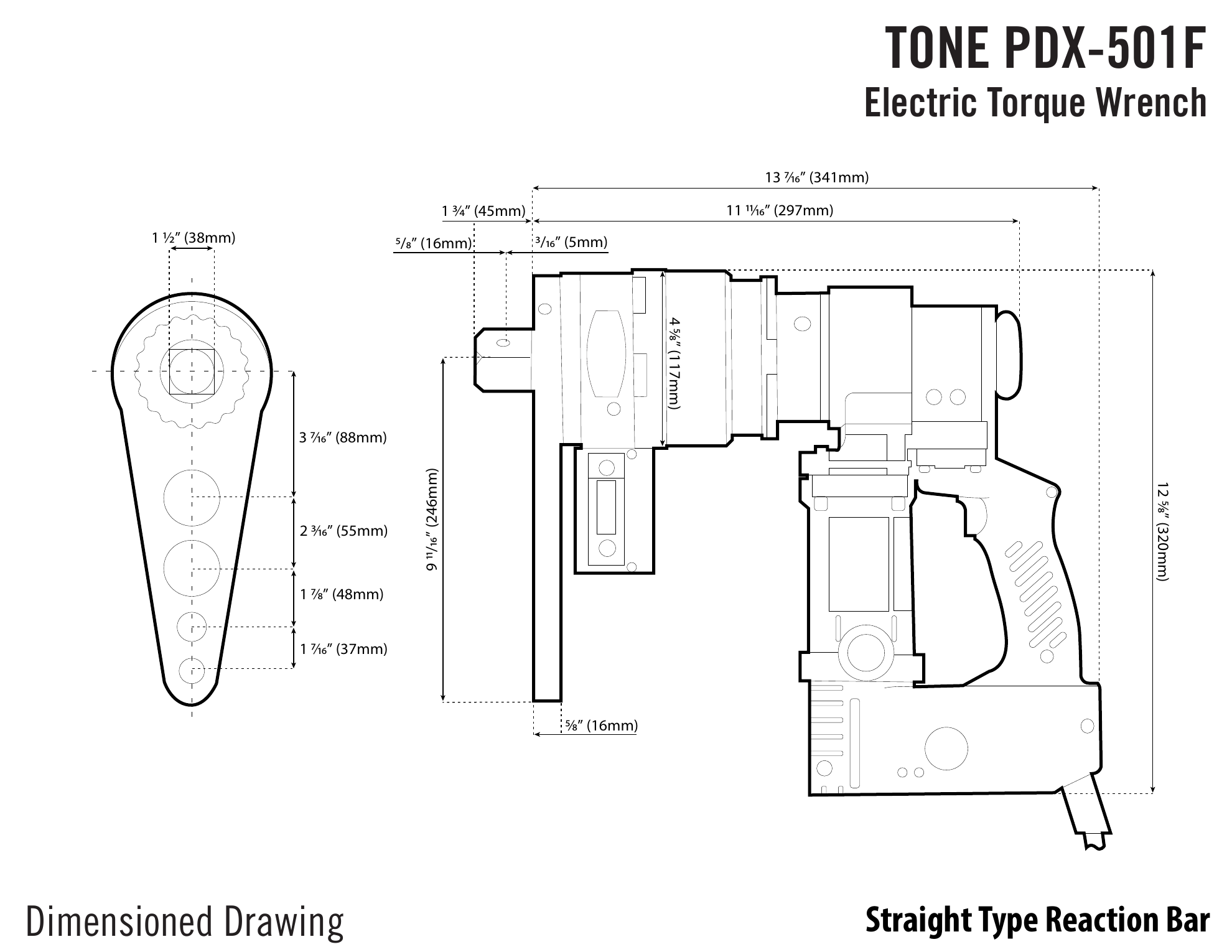 שרטוט ממדים של מפתח עם מוט תגובה ישר - Dimensioned wrench drawing with straight reaction bar