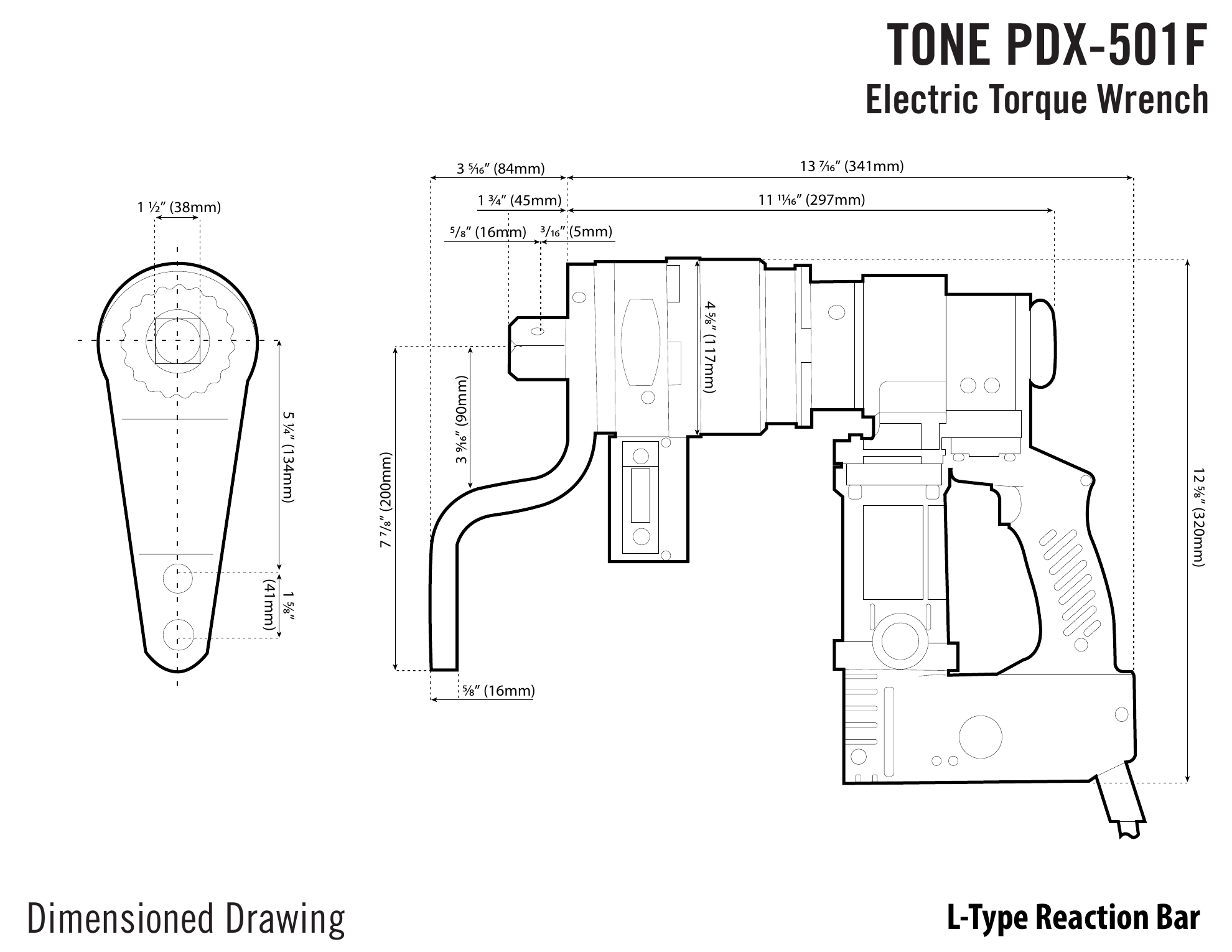 שרטוט ממדים של מפתח עם מוט תגובה מסוג L - Dimensioned wrench drawing with L-type reaction bar