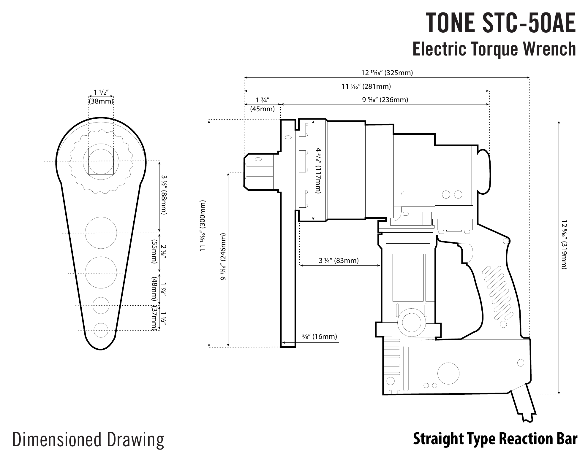 שרטוט ממדים של מפתח מומנט עם תגובה ישרה - Dimensioned drawing of torque wrench with straight reaction bar