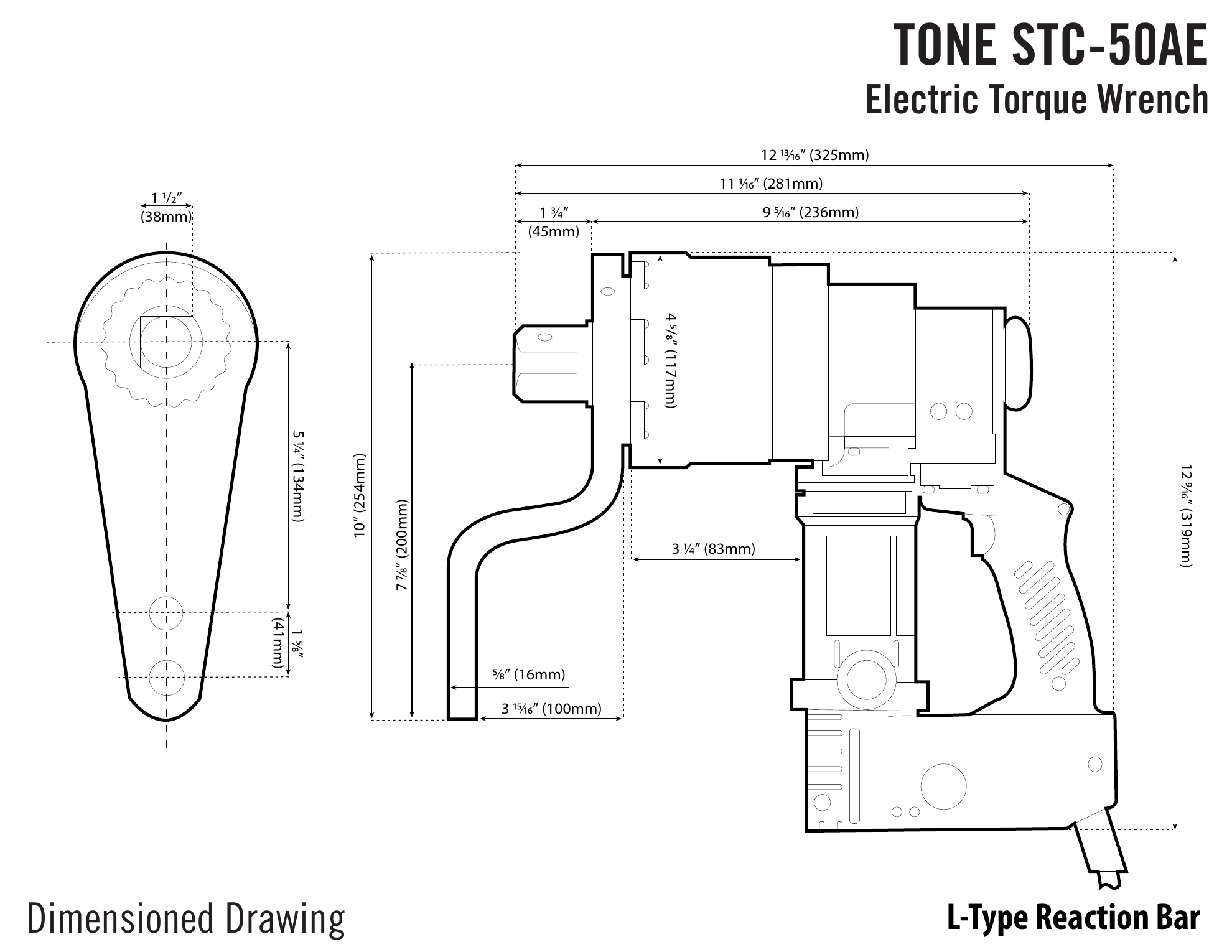 שרטוט ממדים של מפתח מומנט עם תגובת L - Dimensioned drawing of torque wrench with L reaction bar