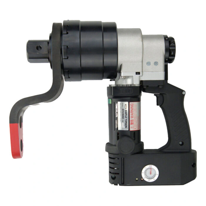 מבט צדדי של מפתח מומנט חשמלי שחור ואפור - Side view of black and gray electric torque wrench