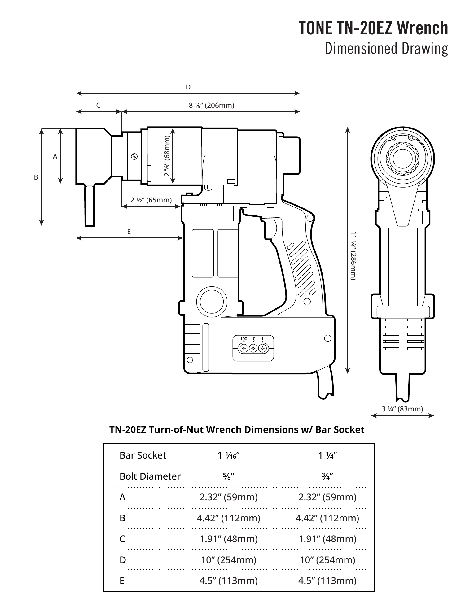 שרטוט ממדים של מפתח הידוק עם אום - Dimensioned drawing of turn-of-nut wrench