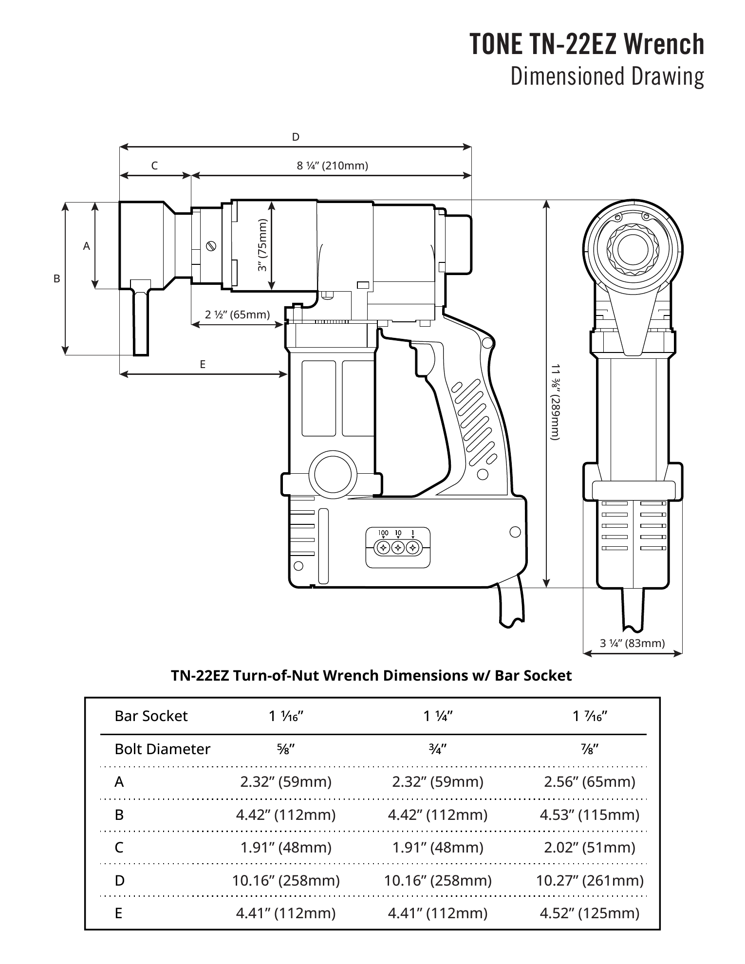 שרטוט ממד של מפתח עם טבלת מידות - Dimensioned drawing of wrench with measurement table