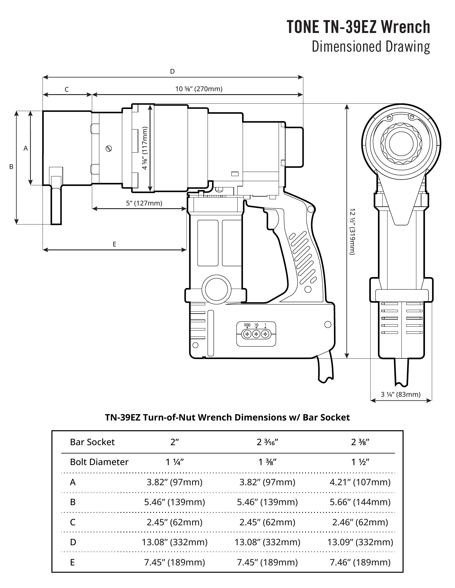 שרטוט מימדים טכני של מפתח עם טבלה - Technical dimension drawing of wrench with table