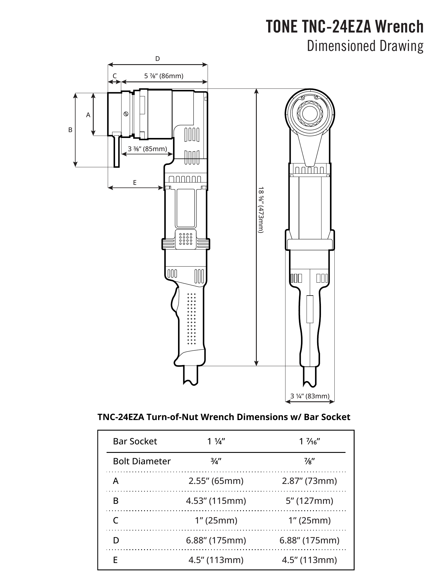 שרטוט ממודד של מפתח הידוק, שני מבטים - Dimensioned drawing of wrench, two views