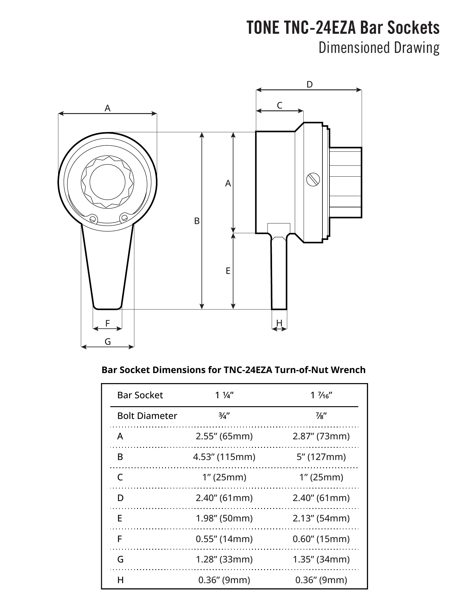 שרטוט ממודד של תושבות בר למפתח ההידוק - Dimensioned drawing of bar sockets for wrench
