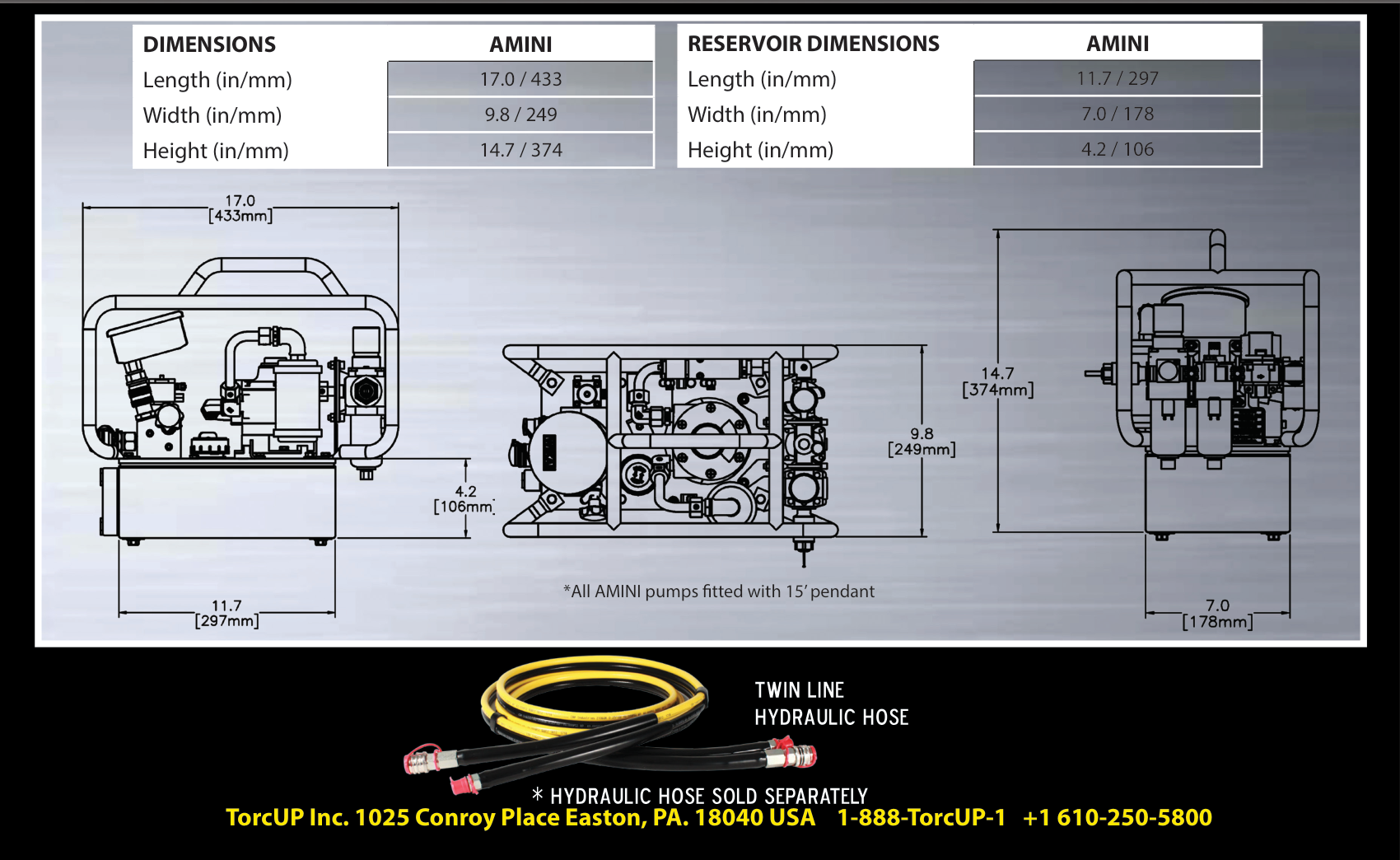 דף שרטוט מידות של משאבה, עם צינור - Dimension drawing page of pump, with hose