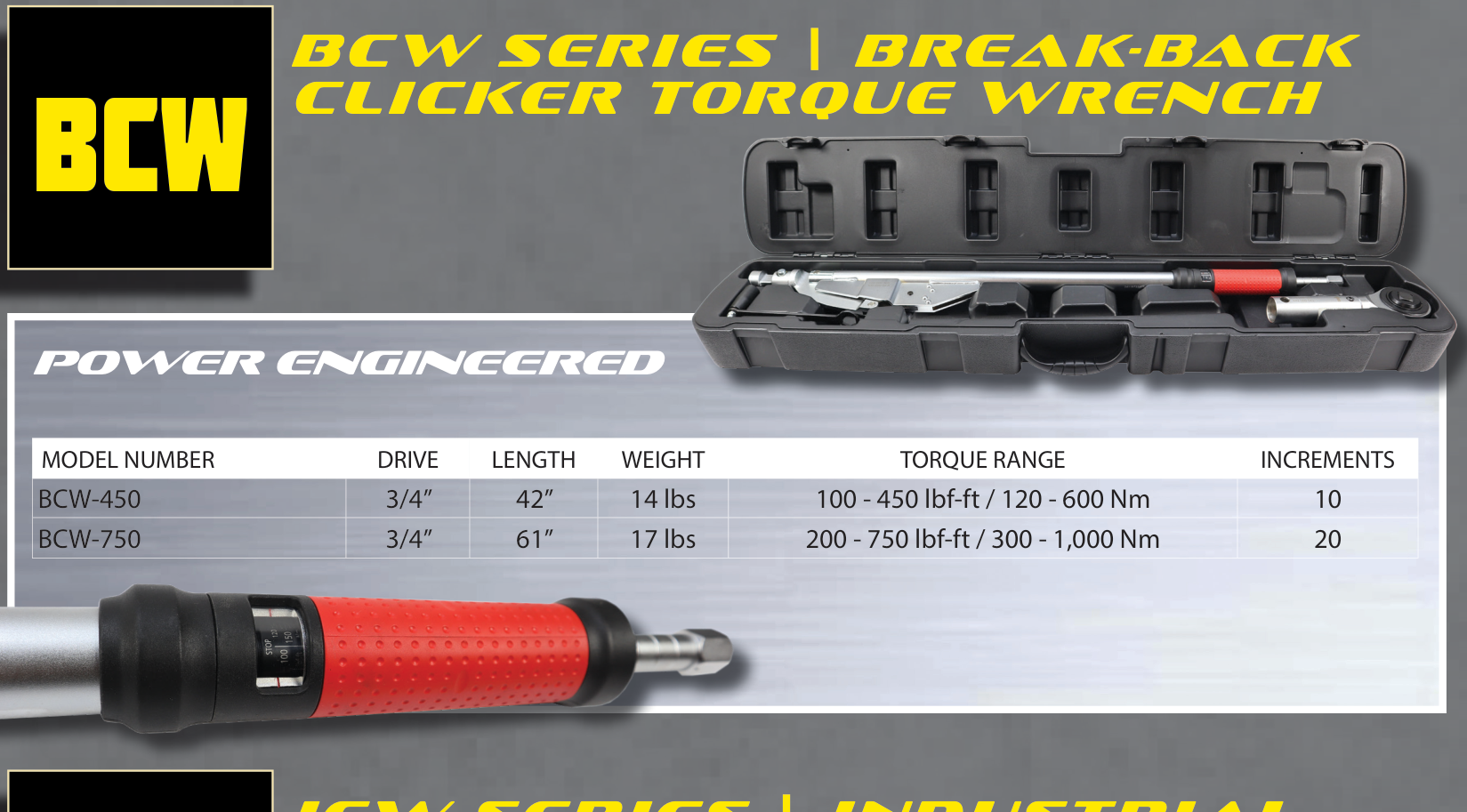 דף מפרט עם לוגו, טבלה, ומפתח מומנט - Spec page with logo, table, and torque wrench
