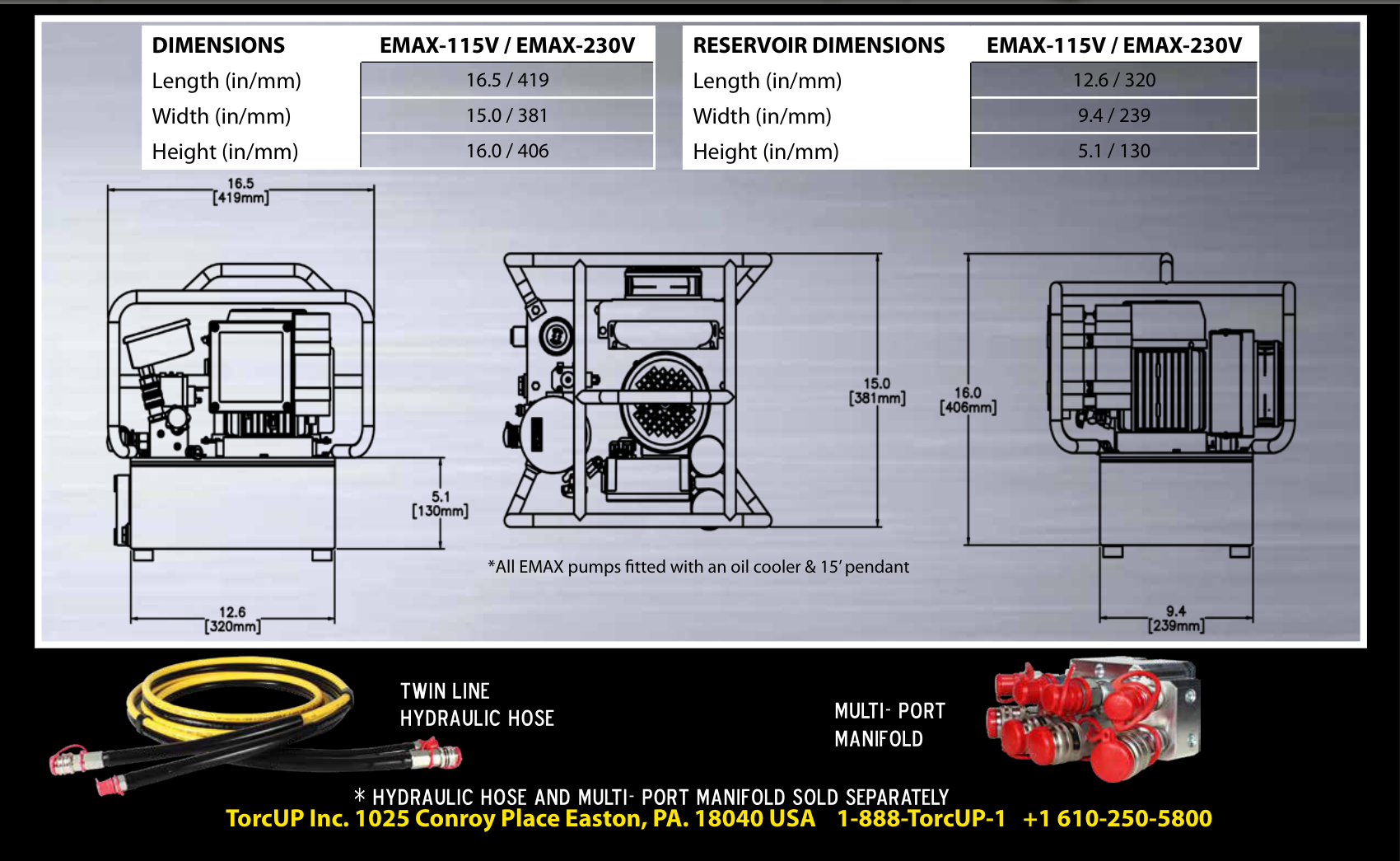שרטוט מידות של משאבה וצינור הידראולי - Dimension drawing of pump and hydraulic hose
