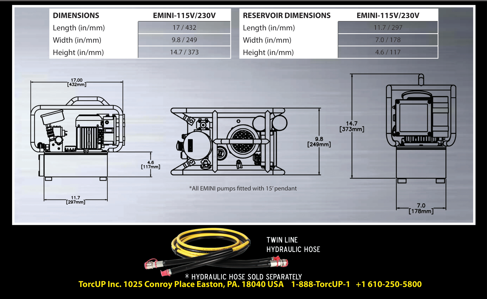 שרטוט מידות של משאבת EMINI וצינור - Dimension drawing of EMINI pump and hose