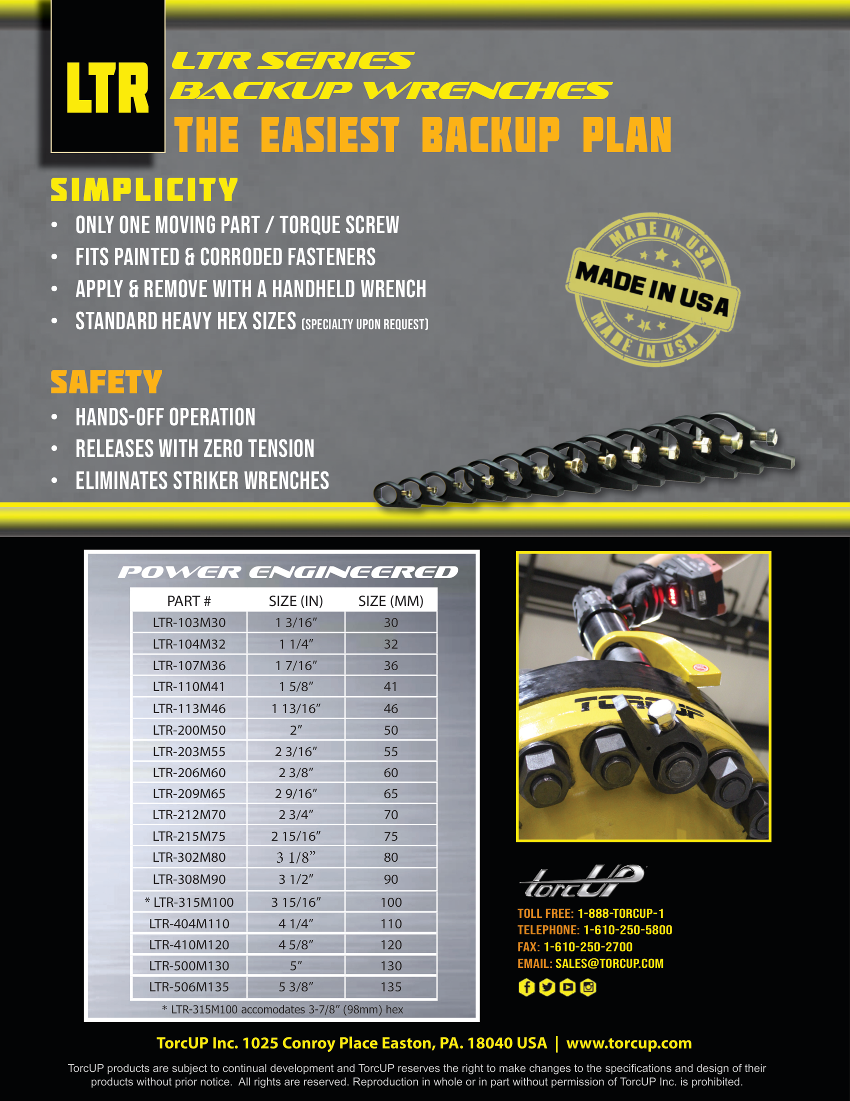 עמוד קטלוג אפור עם תמונות מפתחות גיבוי וטבלה - Gray catalog page with backup wrench photos and table