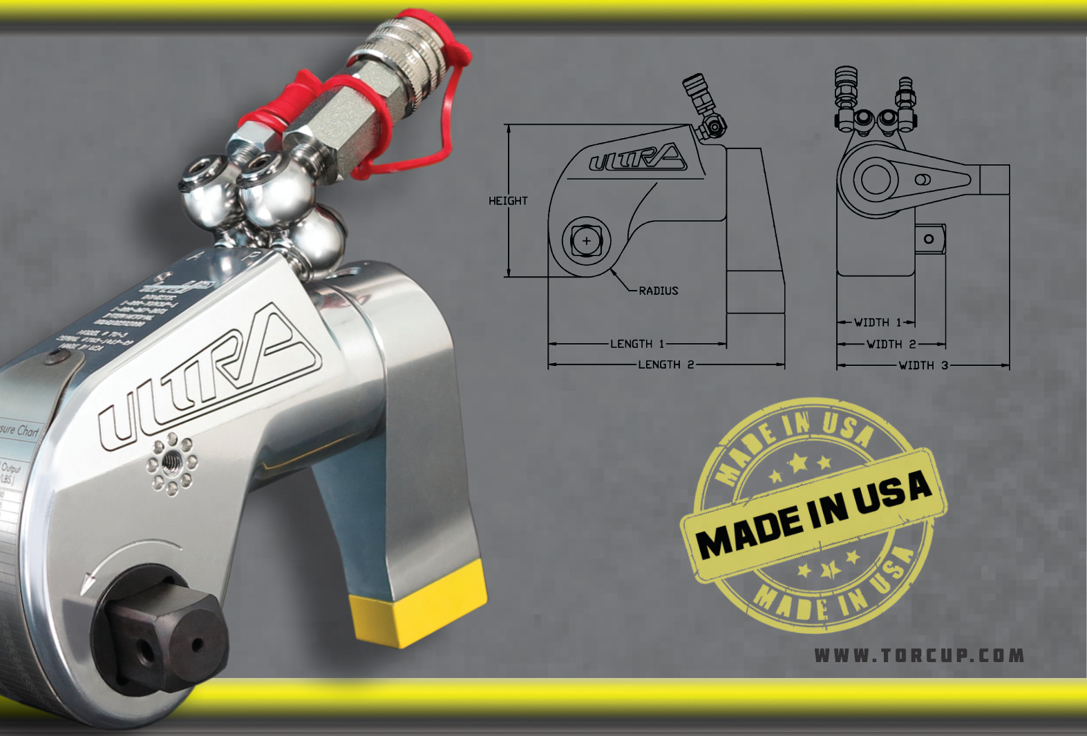 TorcUP TU Series hydraulic torque wrench beside dimensional drawings and a Made in USA mark