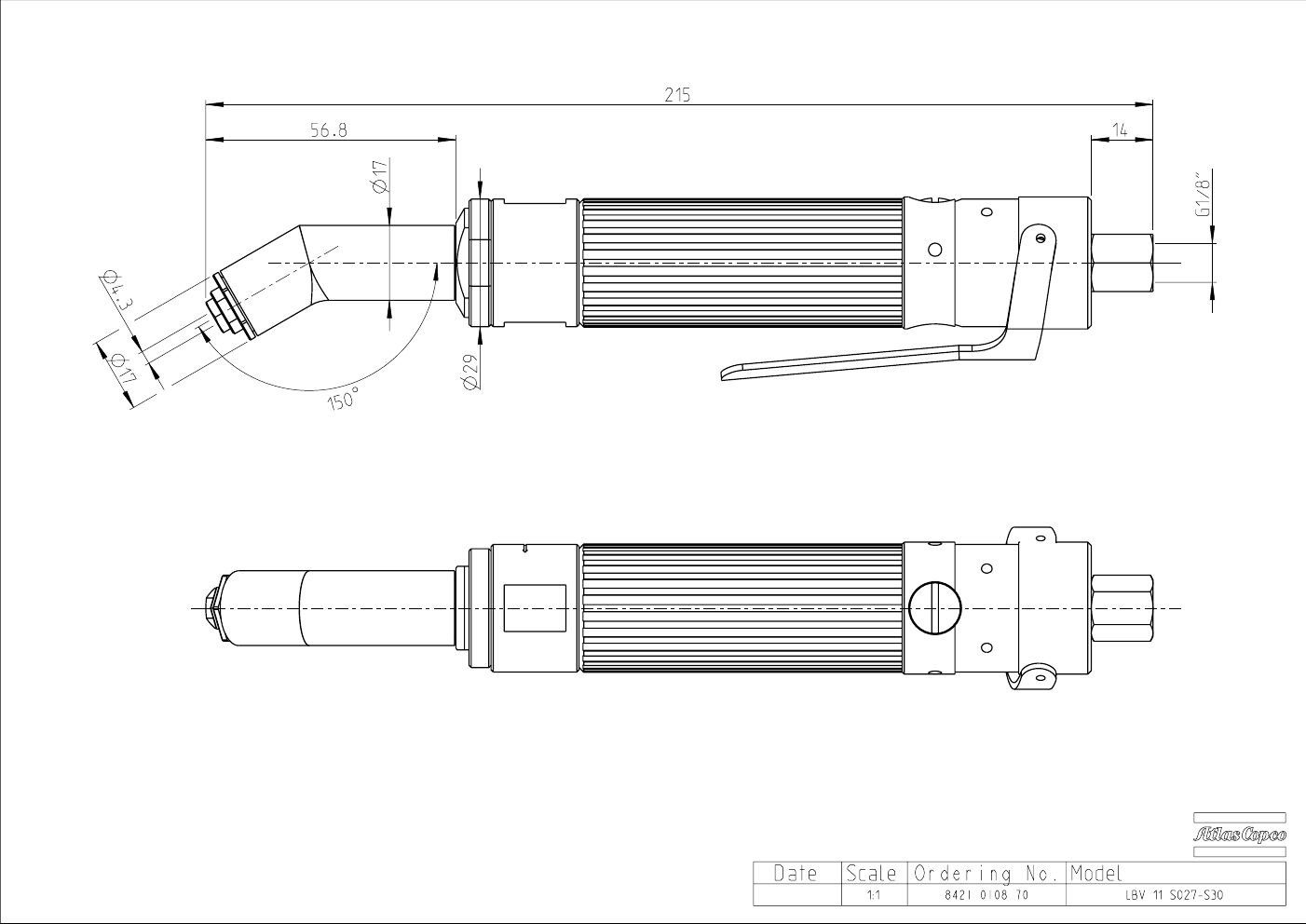 Atlas Copco LBV 30° Pneumatic Angle Drill – product detail view